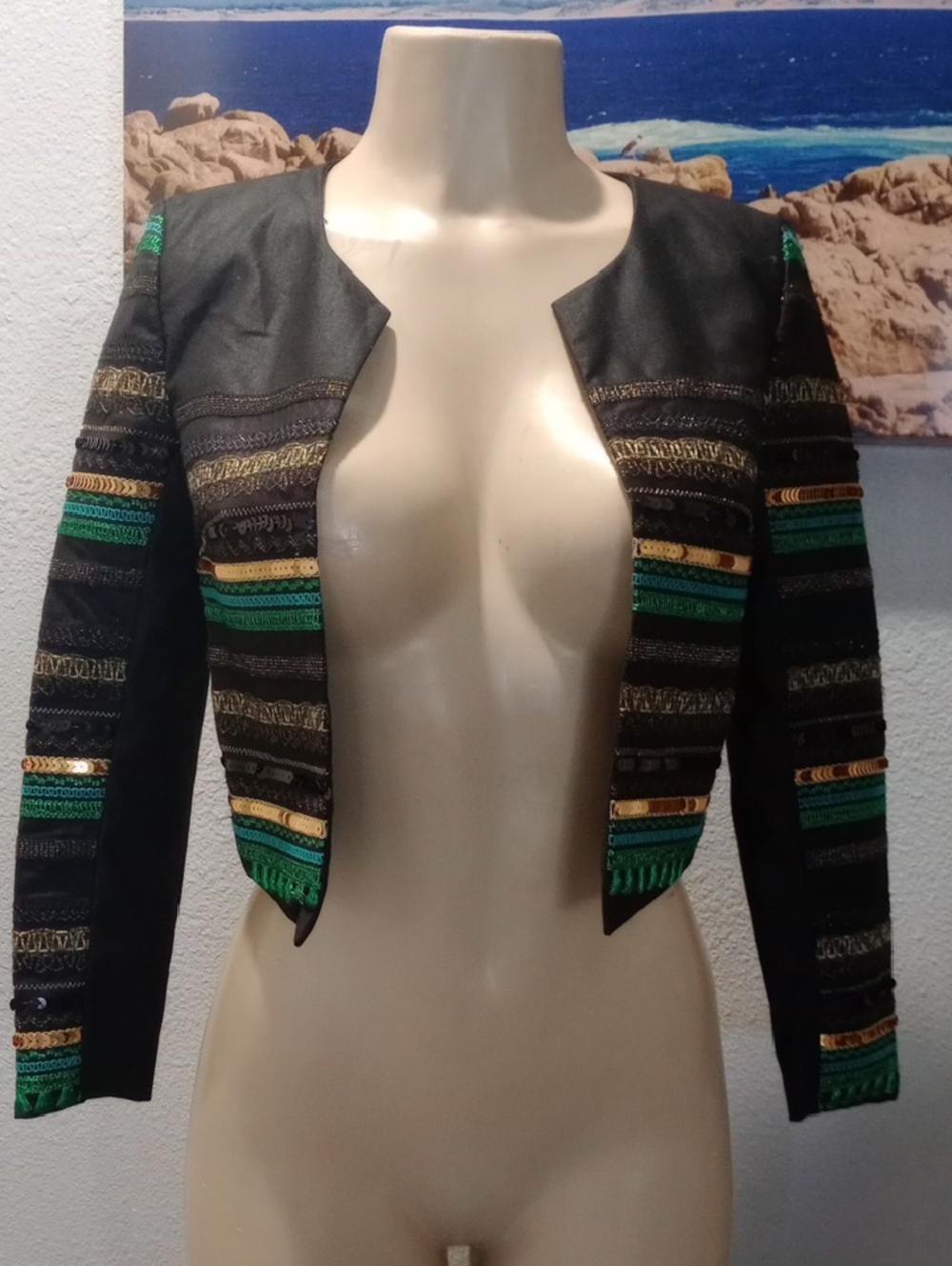 H&M Black Cropped Blazer with Green and Gold Trim